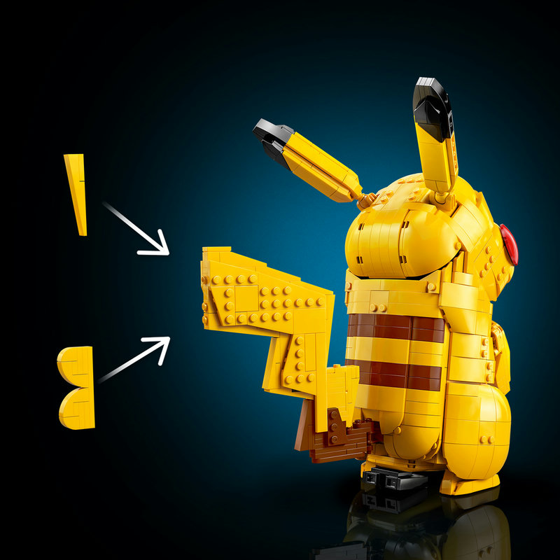 LEGO Pikachu on lightning bolt stand with details