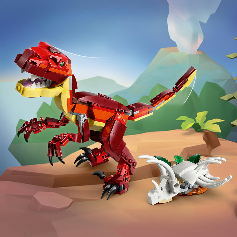 LEGO 31379 alle drei Bauoptionen nebeneinander — Velociraptor, Stegosaurus und Flugsaurier