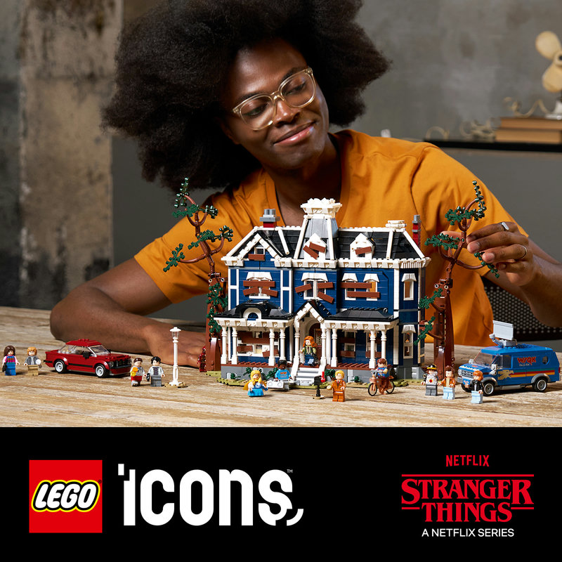 LEGO 11370 Stranger Things The Creel House displayed in moody lighting, showcasing the complete Victorian manor build