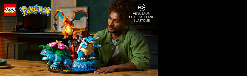 LEGO 72153 Venusaur Charizard and Blastoise product image showing three buildable Pokémon figures on their biomes as a combined diorama