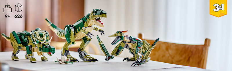 LEGO-Set 31151 alle drei Modelle nebeneinander: T.Rex, Triceratops und Pterodactylus