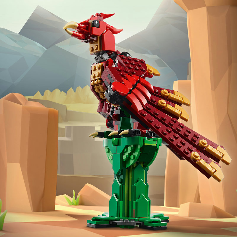 LEGO-Set 31161 Phönix – Nahaufnahme der Vogelfigur auf baubarem Ständer