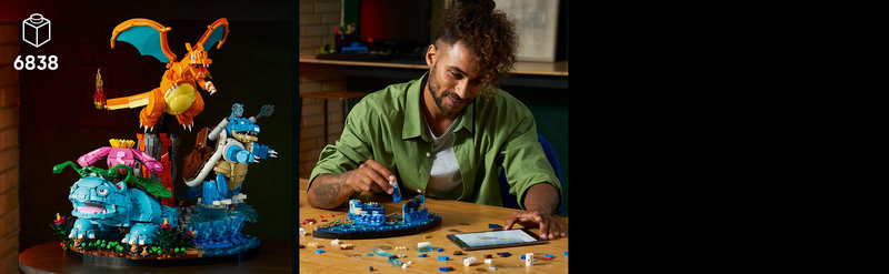 LEGO 72153 three-part diorama showing the grass biome for Venusaur, fire biome for Charizard, and water biome for Blastoise