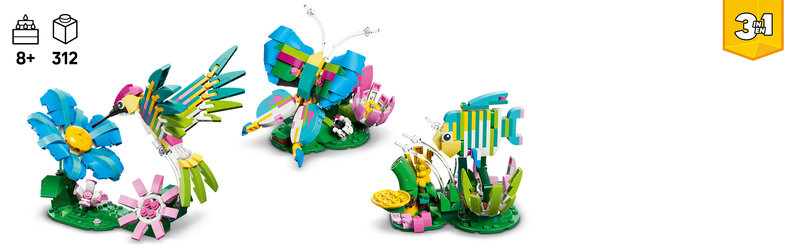 Schmetterling-Modell aus LEGO-Set 31384 mit beweglichen Flügeln auf Blumenständer