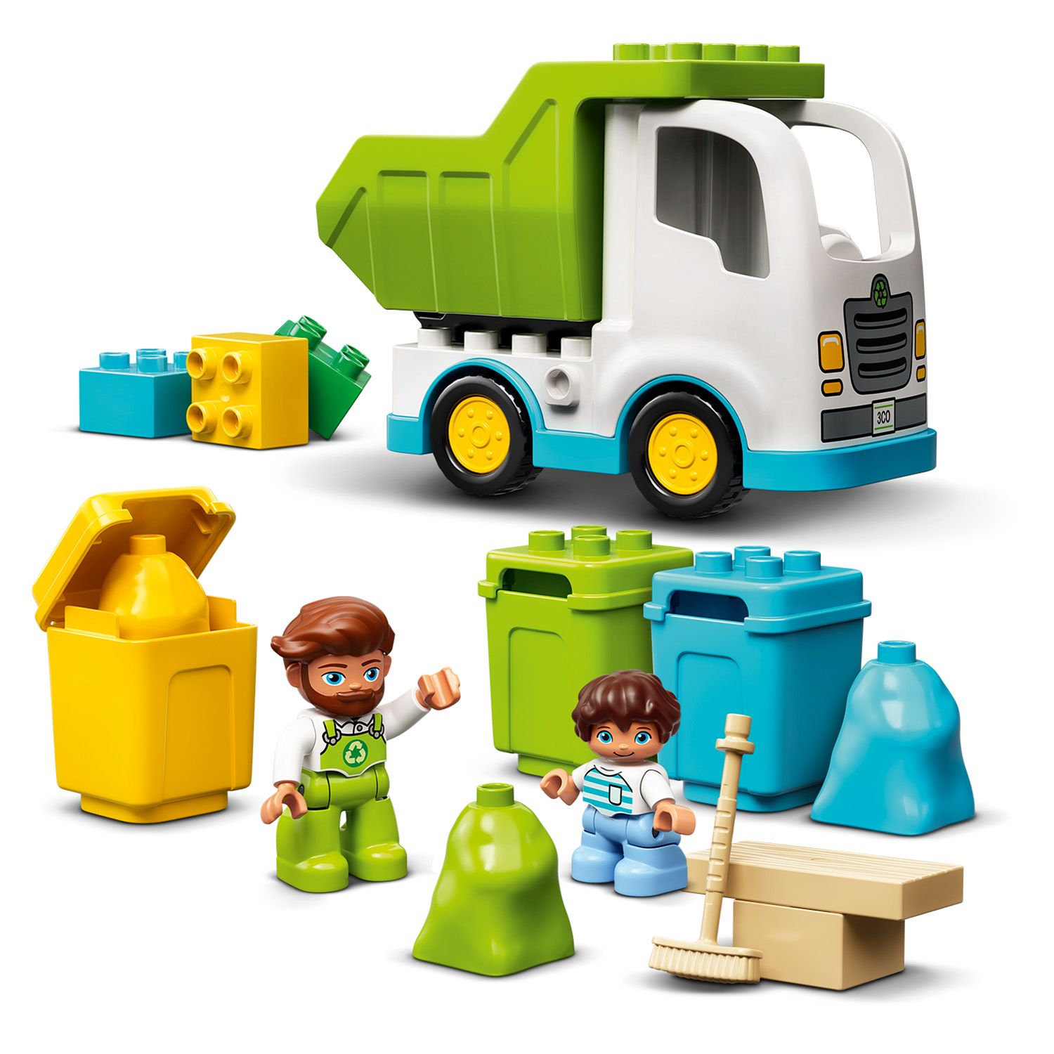 Recycling lorry and colour-sorting bins