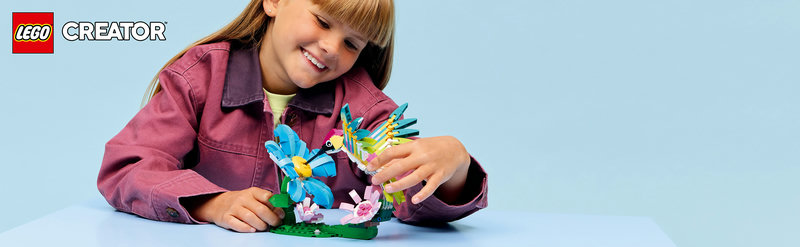 LEGO-Set 31384 Wilde Tiere: Bunter Kolibri – alle drei Modelle Kolibri, Schmetterling und tropischer Fisch nebeneinander