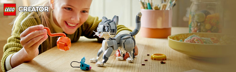 LEGO-Set 31163 Graue Katze – verspieltes Katzenmodell mit Wollknäuel und Futternapf