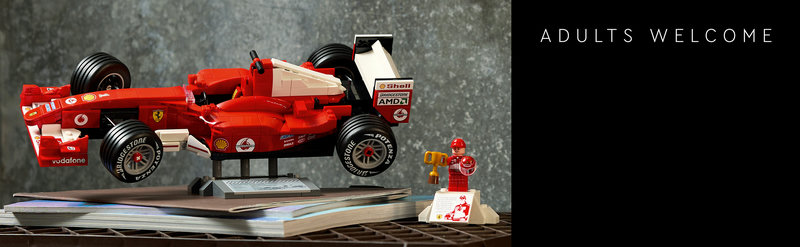 LEGO 11375 Ferrari F2004 on display stand with statistics panel and Schumacher portrait