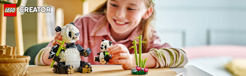 LEGO-Set 31165 Pandafamilie Produktbild mit Panda-Mutter, Jungtier und Bambus