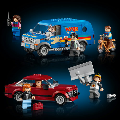 LEGO 11370 Stranger Things vehicles — Steve's red car and blue WSQK radio van side by side
