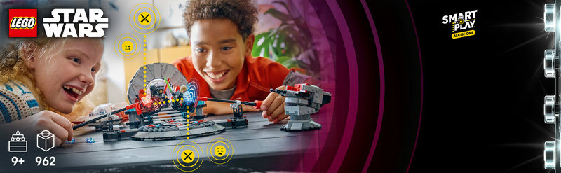 LEGO Star Wars 75427 SMART Play Gesamtansicht mit Thronsaal, A-Wing und allen Minifiguren