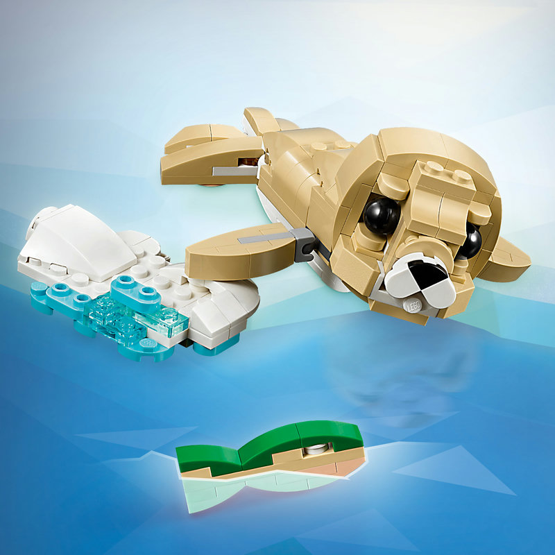 LEGO-Set 31162 Übersicht – alle drei baubaren Tiere: Häschen, Lama und Robbe