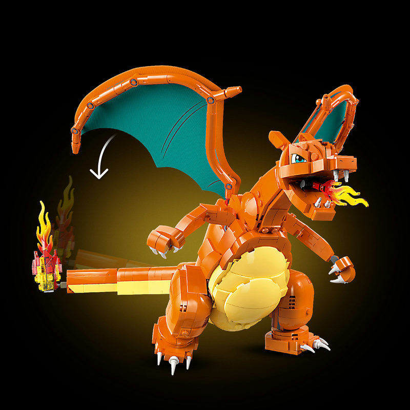 LEGO 72153 Charizard with open mouth on the fire biome with lava elements